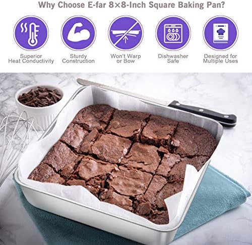 8 x 8-Inch Baking Pan, E-far Square Cake Brownie Baking Pans Stainless