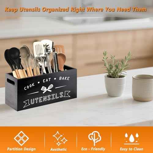 Large Black Utensil Organizer with Removable Dividers - Ideal Wooden