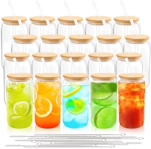 Joyclub 20Pcs Glass Cups with Bamboo Lids and Straws Bulk 16 oz Can