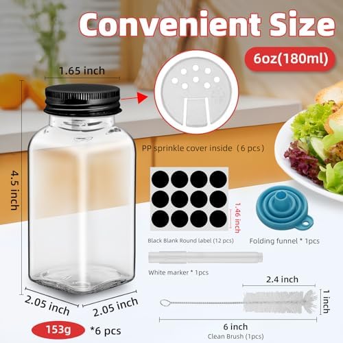 6Pcs 6oz Glass Spice Jars black iron Lids with Shaker Lids, Spice Jars