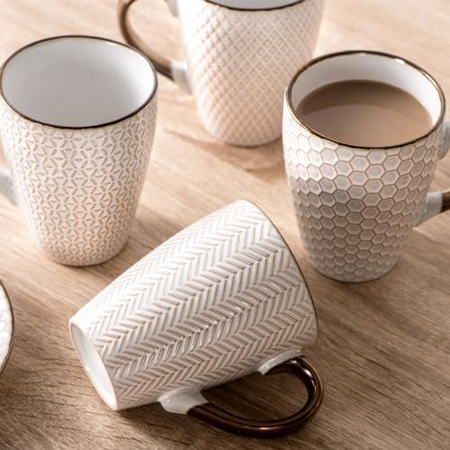 Ceramic Coffee Mug Set - 16 Oz Large Coffee Mugs - Embossed Stoneware