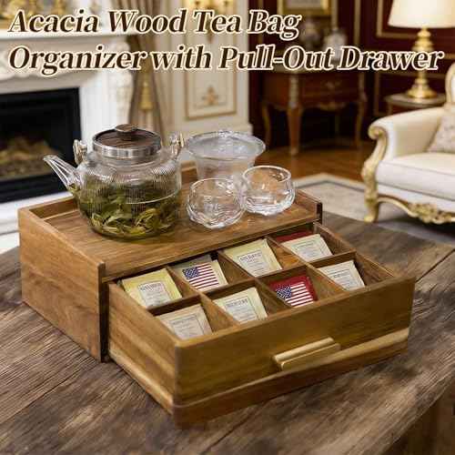 Acacia Wood Tea Bag Organizer with Drawer