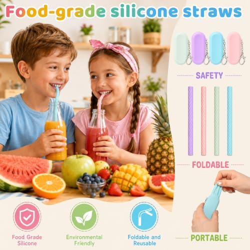4 Sets Reusable Silicone Straws with Case