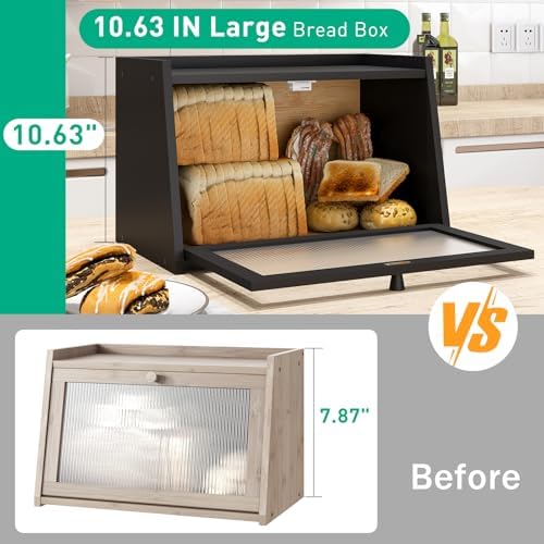 kiplant Bread Box for Kitchen Counter, Large Bamboo Bread Storage Container with Wavy Arcylic Door, Bamboo Wooden Farmhouse Bread Box for Your House (Black, Medium)