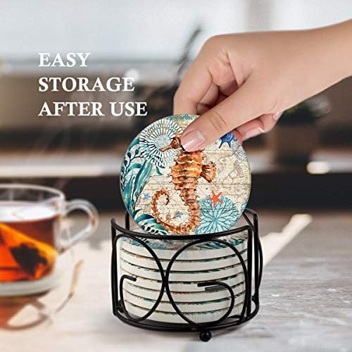 Teivio Absorbing Stone Sea Ocean Life Coasters for Drinks, Cork Base
