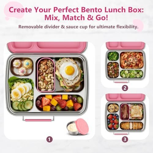 Stainless Steel Bento Lunch Box, 4 Compartments, Pink