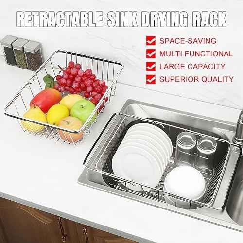 Expandable Dish Drying Rack, Rustproof Stainless Over Sink Dish Drainer Rack Basket Shelf, 304 Stainless Steel Metal Dish Drainer in Sink or On Counter Organizer Dish Dryer Rack for Inside Sink