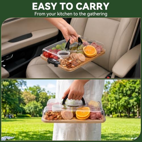 Bamboo Charcuterie Board with Lid, Portable 5-Compartment Tray