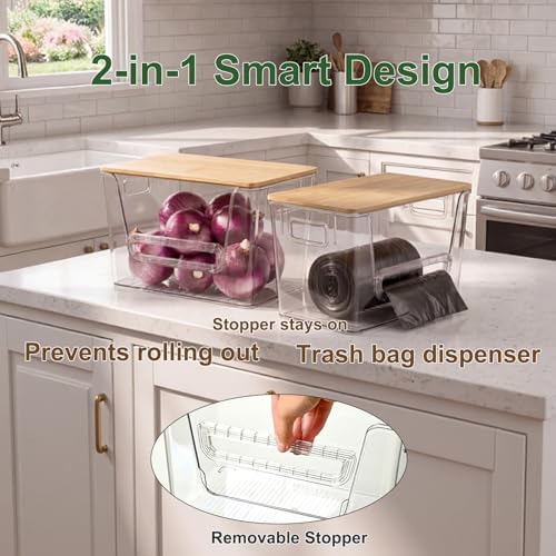 FUSHITON 2 Set Pantry Organizers, Clear Trash Bag Holder with Bamboo