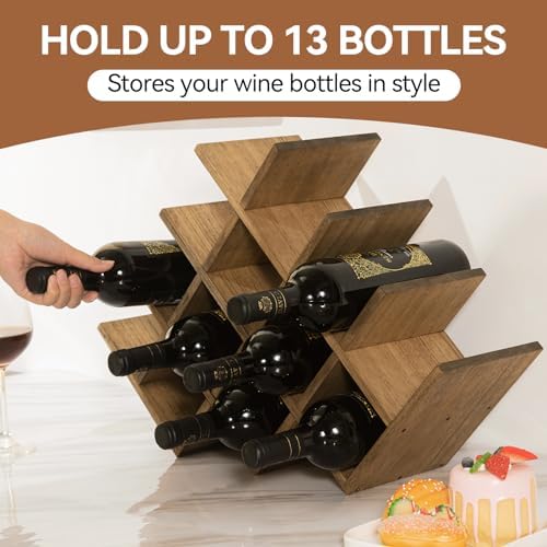 KIRIGEN Wood Wine Rack, 13-Bottle 4-Tier Countertop Holder, Brown