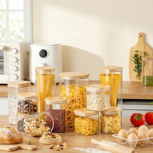 HomArtist Square Glass Jars with Bamboo Lids [Muti Size Set of 5], Glass Canisters with Airtight Lids, Glass Food Storage Containers for Pasta, Cereal, Flour, Sugar, Best for Kitchen & Pantry