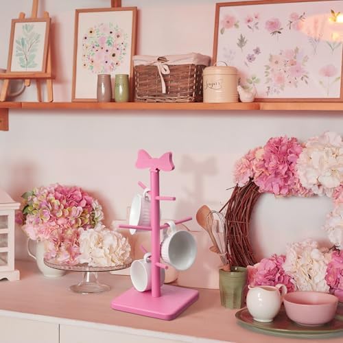 DoubleFill Pink Mug Tree Wooden Bow Coffee Bar Accessories with 6