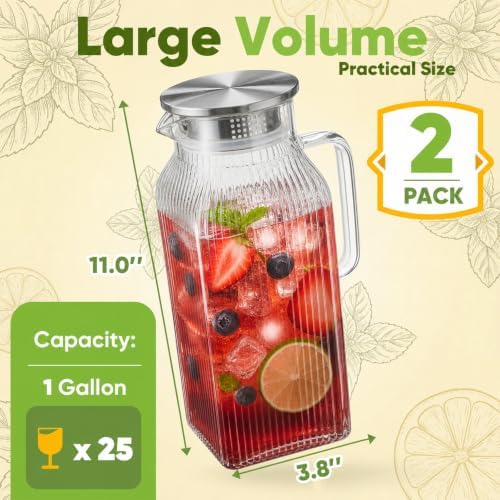 2 Pack Glass Pitcher with Lid, 68 oz Each, Square Striped Glass Water