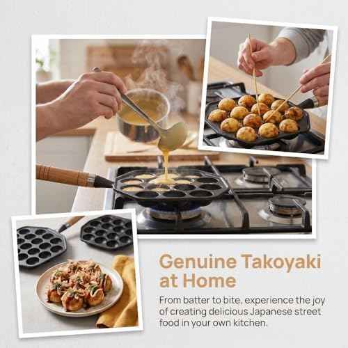 Cast Iron Takoyaki Grill Pan 14 Hole – Uncoated 6.7 Inch Octopus Ball Maker with Wooden Handle for Gas Stovetop, Induction cookers
