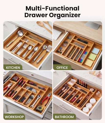 Expandable Bamboo Silverware Organizer, Kitchen Utensil Drawer