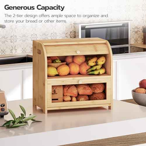 HOOBRO Bread Box, Bamboo Bread Box for Kitchen Countertop, 2 Tier Roll-Top Bread Bin, Food Storage Box, Large Capacity Keeper, Wooden Storage Cabinet, for Kitchen, Dining Room, Natural YL13MB01