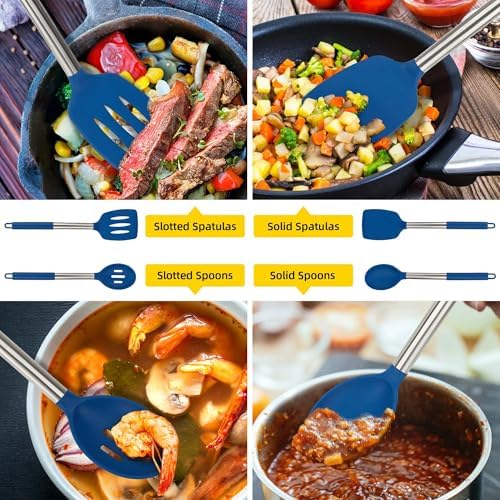 4-Pack Silicone Utensils Set, Stainless Steel Handle, Blue