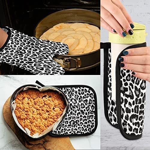 Oven Mitts Quilted Cotton Lining Grey Leopard Print Potholders BBQ