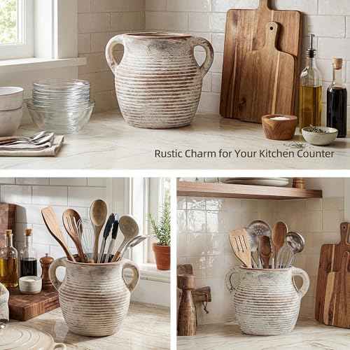 Rustic Utensil Holder for Kitchen Counter - Ceramic Farmhouse Cooking Utensil Crock & Organizer for Spatula, Spoon - Vintage Kitchen Decor (Taupe)
