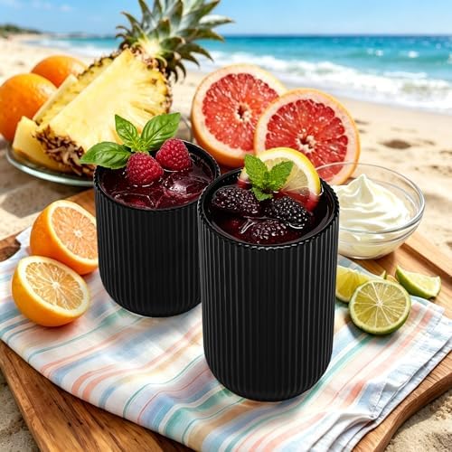 Black Ribbed Drinking Glasses Set of 12, 14 Oz Highball Glasses &