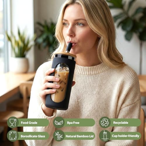 Sursip 20 oz Glass Tumbler with Lids and Straws, Iced Coffee Cups
