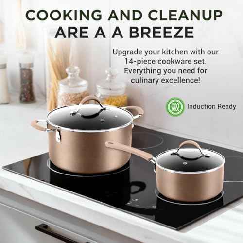 NutriChef 14-Piece Non Stick Kitchen Cookware Set w/Saucepan, Frying