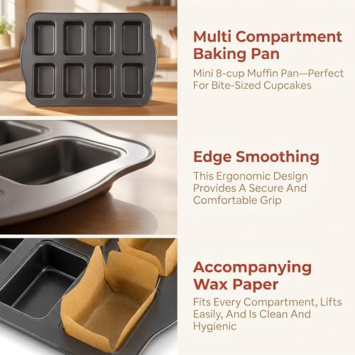 2 Pack Mini Loaf Pans for Baking with 300 Parchment Liners, 8-Cavity