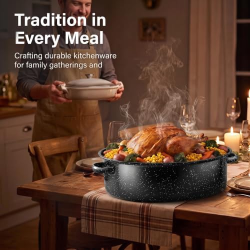 19.3" Large Roasting Pan with Rack and Lid, Granite Enameled Roaster