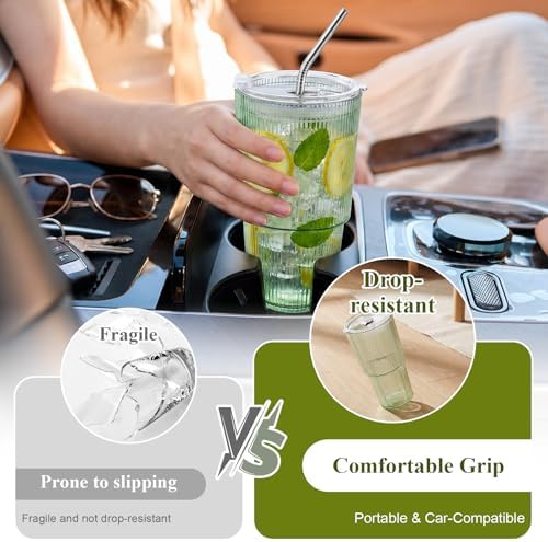 4 Pcs 20oz Plastic Ribbed Tumblers with Lid and Straws Green Plastic