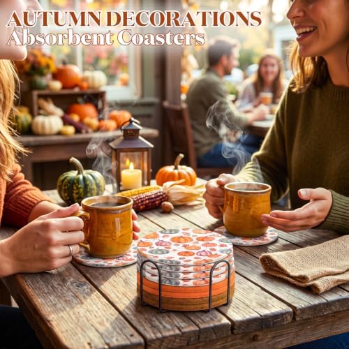 Mixweer 8 Pack Fall Pumpkins Cup Coasters with Metal Holder, Soft