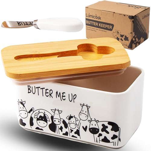 Porcelain Butter Dish with Lid, Natural Bamboo Lid, Seal, Cow Butter