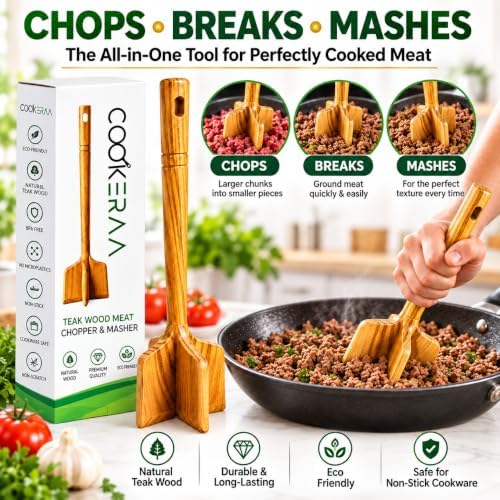 Teak Wood Meat Masher, Ground Beef Chopper & Chicken Shredder Tool