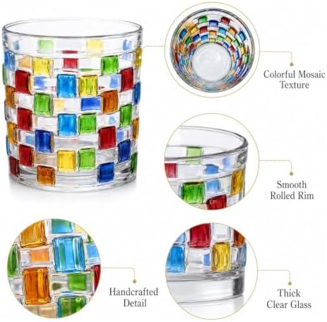 Set of 4 Colorful Hand Painted Whiskey Glasses, 10oz Rocks Glasses