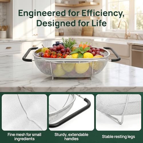 2 Pack Over-the-Sink Oval Colander, Stainless Steel, 6 Quart
