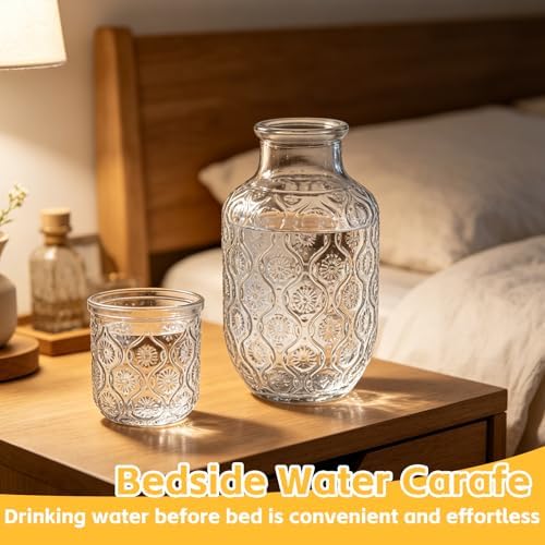 2 Sets Vintage Bedside Water Carafe and Glass Set, 4 Pcs 14Oz Clear