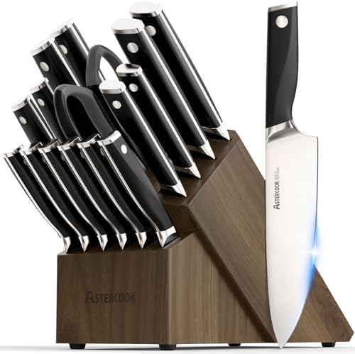 Astercook 17 Pcs German Stainless Steel Knife Set with Block
