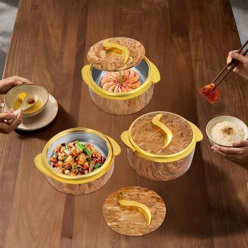 3 pc 1.5L /2L /2.5L Thermal Casserole Dish Set with Lids, Stainless Steel Inner Food Container for Hot & Cold Food Warmer, Insulated Serving Bowl for Buffets ,Parties,Good Christmas Gift,Brown