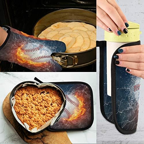 QMXO Baseball Sport in Fire Water Oven Mitts Quilted Cotton Lining