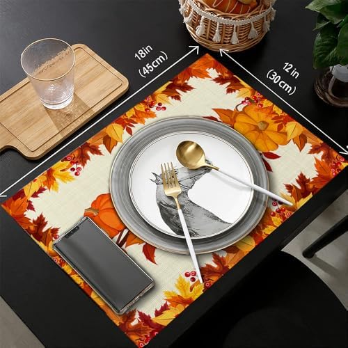Fall Table Runner and Placemats Set, Orange Pumpkin and Leaf, 72 Inch