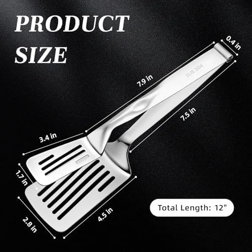 Durable 304 Stainless Steel Spatula Tongs, Rust-Proof 2-in-1 Cooking