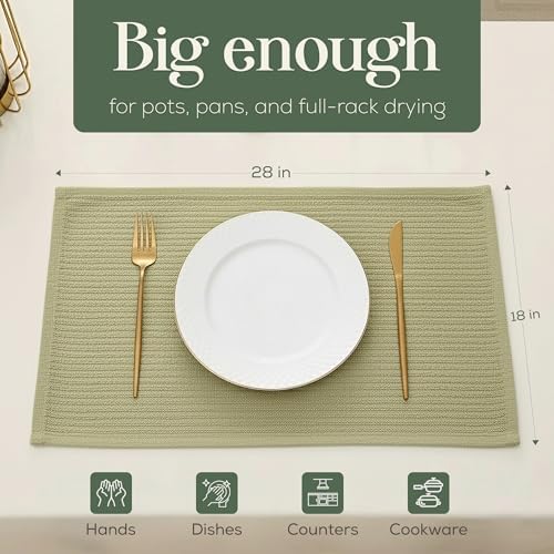 Kitchen Towels, Cotton Hand Towels, Sage Green and Cream Ribbed - Mini