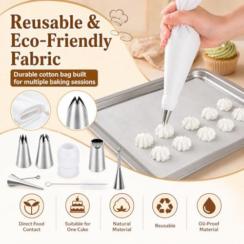 10-Piece Reusable Piping Bags and Tips Set-Cotton Baking Kit with
