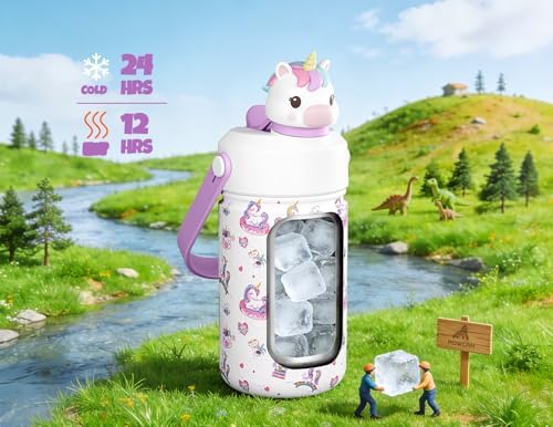 POWCAN 12 oz Kids Water Bottle for School: 2-in-1 Straw Spout Lid with