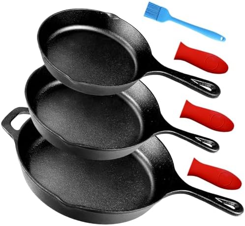 Suteck Cast Iron Skillets 3-Piece Set, 6", 8" & 10" Pre-Seasoned Pan Set