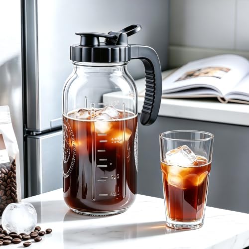 Glass Pitcher With Pour Spout Lid 64 OZ Wide Mouth Mason Jar Pitcher