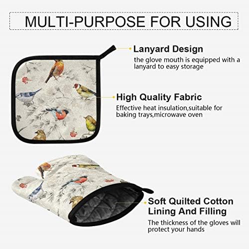 QMXO Retro Spring Summer Birds Oven Mitts Quilted Cotton Lining
