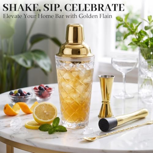 Certbuy Pineapple Glass Cocktail Shaker Set 14 oz Bartending Kit Gold