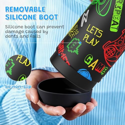 Boys Game Water Bottle for School,Kids 18 oz Insulated Stainless Steel