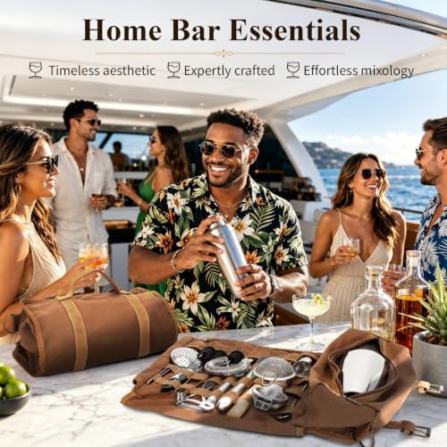 Portable Bartender Kit with Canvas Roll-Up Bag, Complete Cocktail