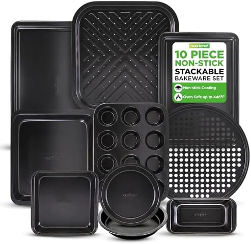 10-Piece Nonstick Bakeware Set - PFOA PFOS PTFE Free Food Grade Safe Carbon Steel Baking Tray Set - Oven Safe Up to 446°F, Pizza, Loaf, Muffin, Round/Square Pans, Cookie Sheet, Etc - NutriChef NCBS10S